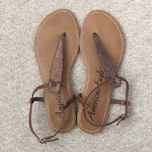 American Eagle copper/gold t-strap sandals